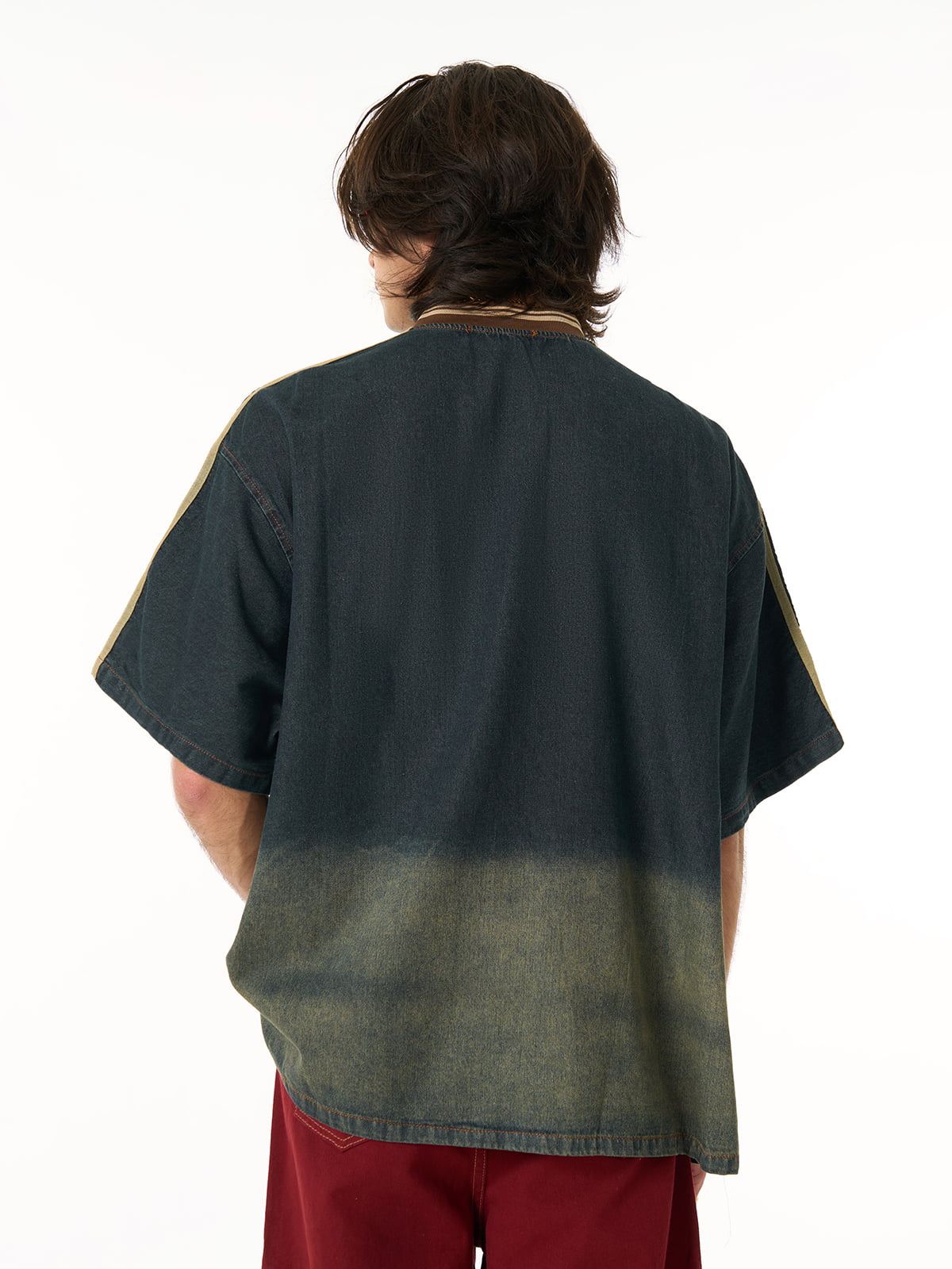 Denim Vintage Washed Distressed Gradient Embroidery T-Shirt