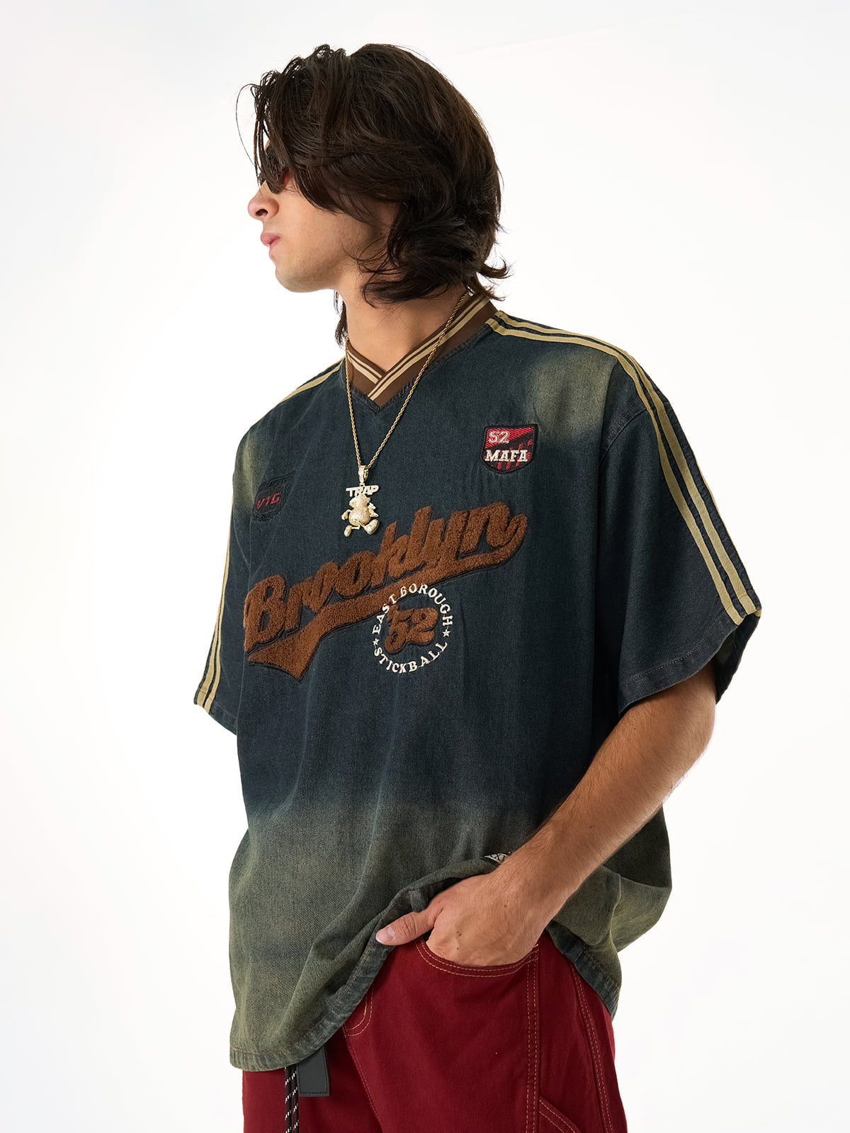 Denim Vintage Washed Distressed Gradient Embroidery T-Shirt