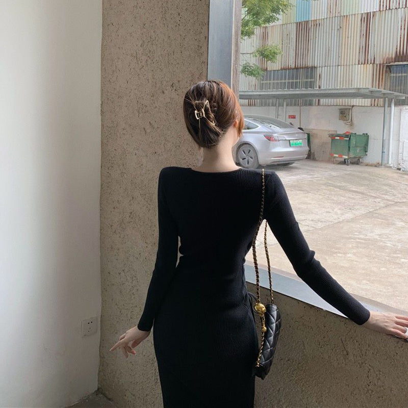 V Yaka Uzun Kollu Örgü Bodycon Midi Elbiseler