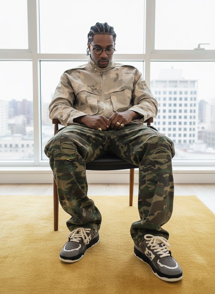 Woven Ripped Camouflage Flared Cargo Pants - 2410