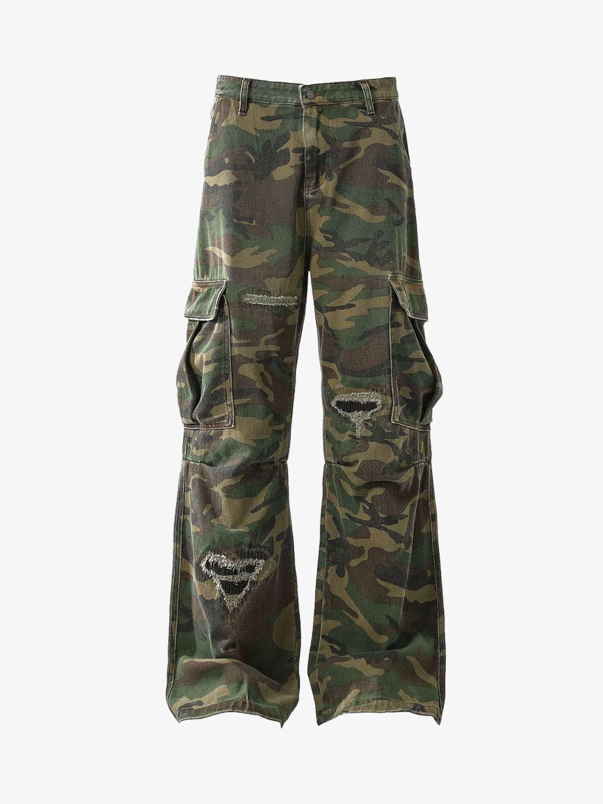Woven Ripped Camouflage Flared Cargo Pants - 2410