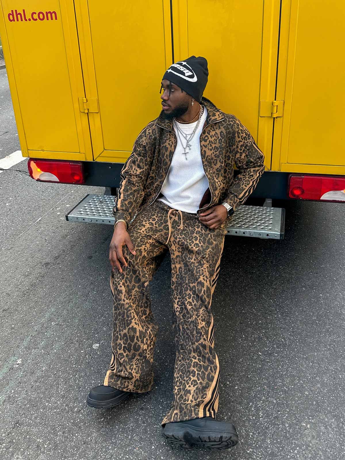 French Terry Cheetah Print Suede Tracksuit - 2277