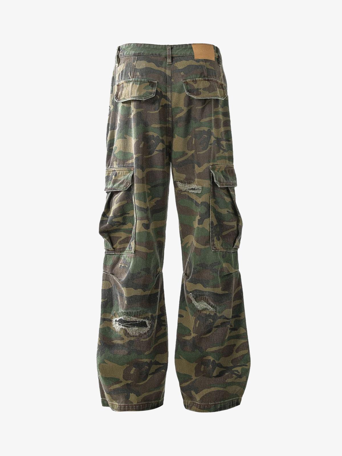 Woven Ripped Camouflage Flared Cargo Pants - 2410