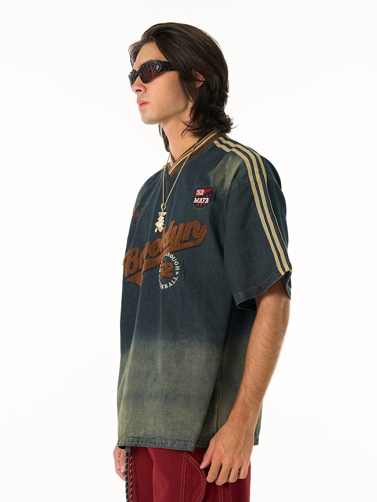 Denim Vintage Washed Distressed Gradient Embroidery T-Shirt