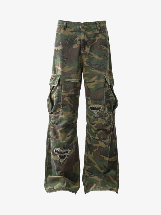 Woven Ripped Camouflage Flared Cargo Pants - 2410