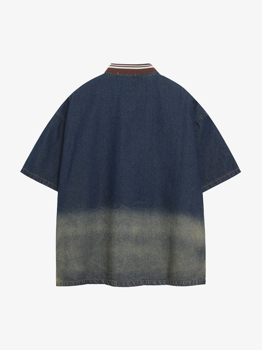 Denim Vintage Washed Distressed Gradient Embroidery T-Shirt